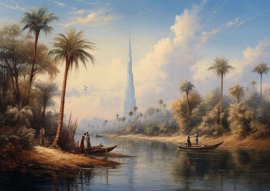 A2 art print of the Burj Khalifa reimagined in classical oil painting style, Dubai skyline wall art. Artwork example.