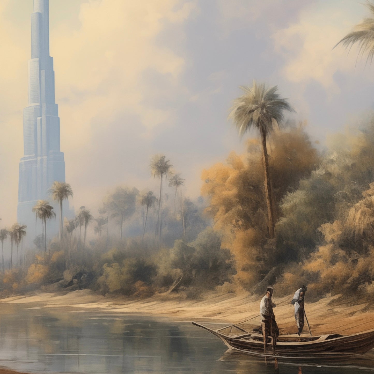 Close-up detail of A2 art print of the Burj Khalifa reimagined in classical oil painting style, Dubai skyline wall art.