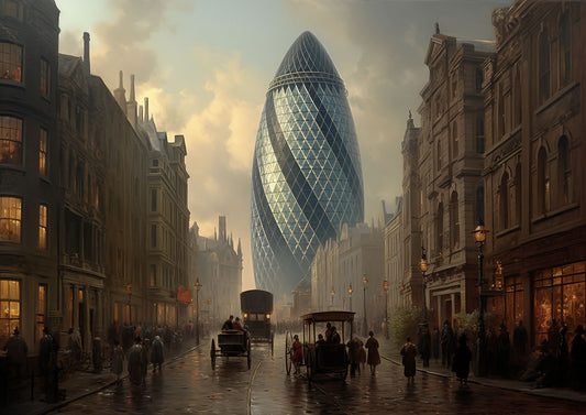 A2 art print of The Gherkin in London, reimagined as a classical-style painting, landmark architecture wall art. Artwork example.