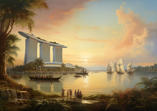 A2 fine art print of Marina Bay Sands in Singapore, classical painting style architecture wall art. Artwork example.