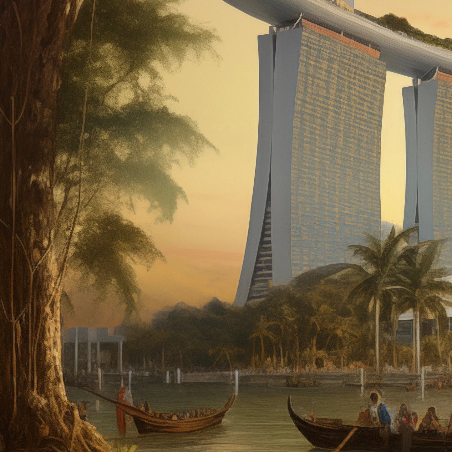 Close-up detail of A2 fine art print of Marina Bay Sands in Singapore, classical painting style architecture wall decor.