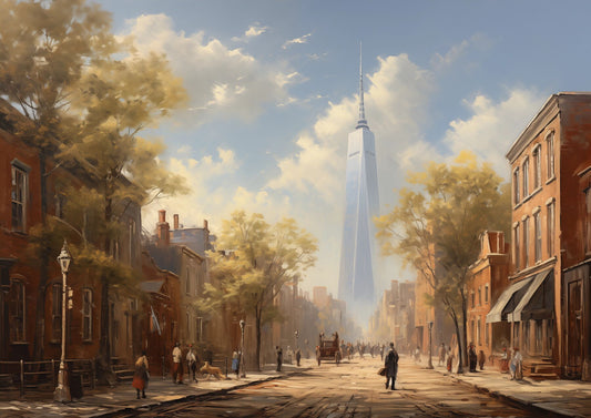 A2 New York skyline art print of One World Trade Center in classical style, modern skyscraper wall art. Artwork example.