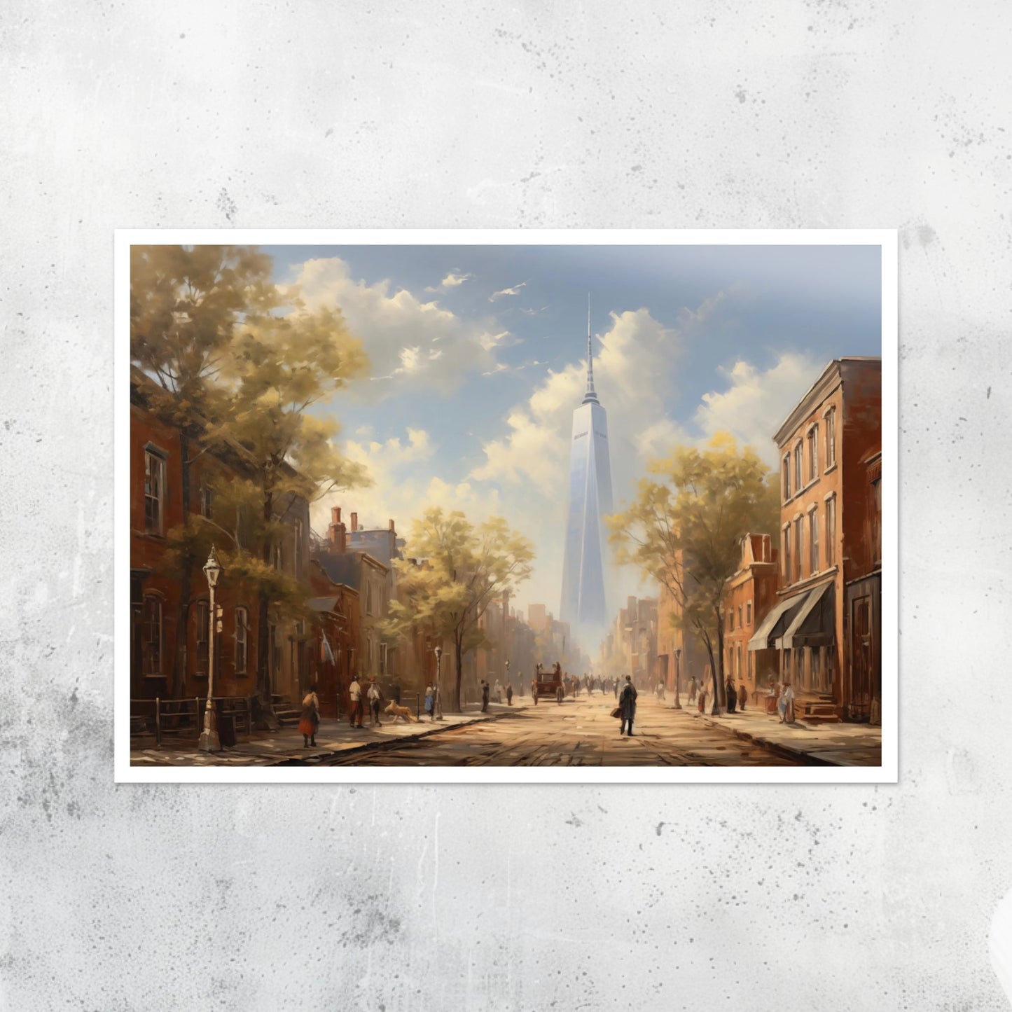 Unframed A2 New York skyline art print of One World Trade Center in classical style, modern skyscraper wall art.