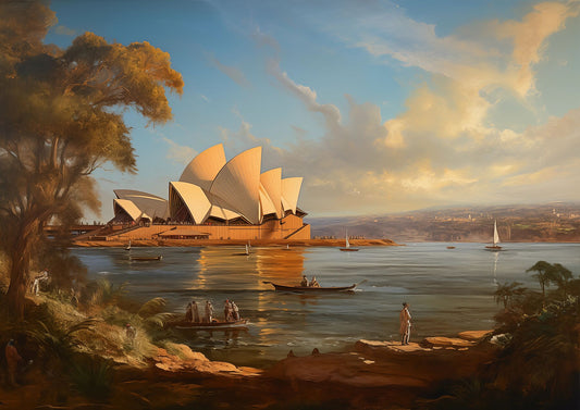 A2 art print of the Sydney Opera House, reimagined in classical oil painting style, Australian landmark wall art. Artwork example.