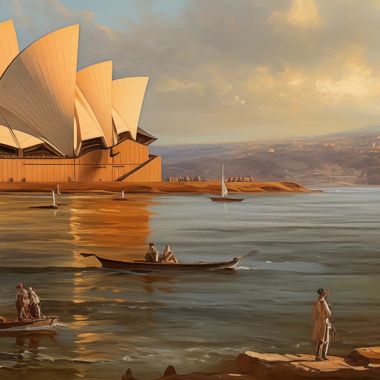 Close-up detail of A2 art print of the Sydney Opera House, reimagined in classical oil painting style, Australian landmark wall art.