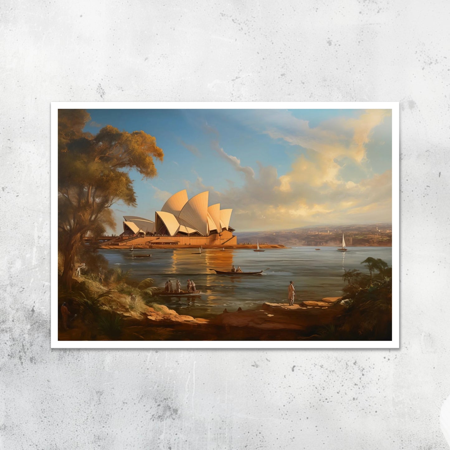 Unframed A2 art print of the Sydney Opera House, reimagined in classical oil painting style, Australian landmark wall art.