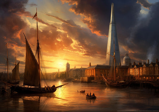 A2 fine art print of The Shard in London, classical painting interpretation of iconic skyscraper. Artwork example.