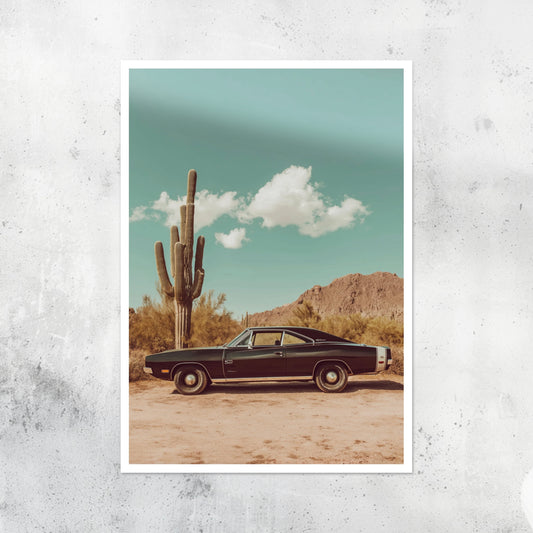 Unframed A2 side profile artwork of a Dodge Charger in strong, graphic style.
