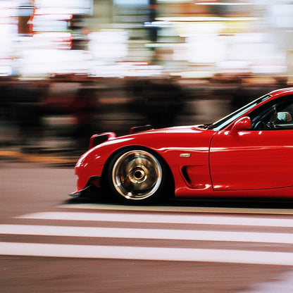 Close-up detail of A2 minimalist wall art print of a Mazda RX-7 FD sports car.
