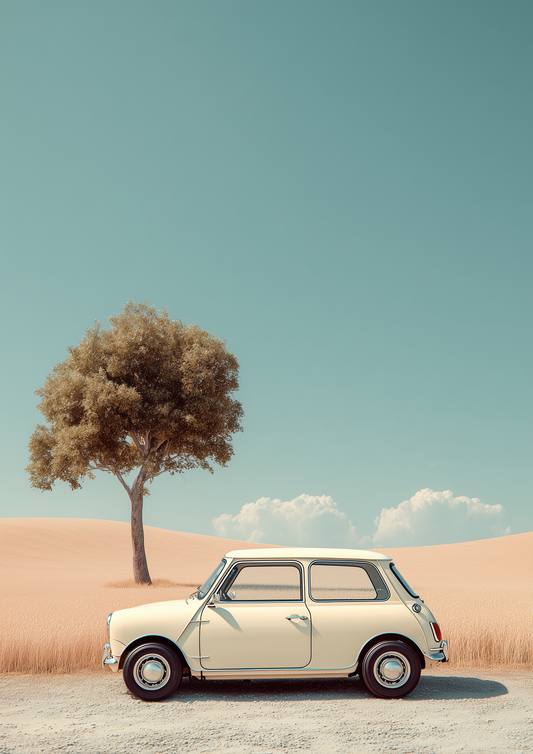 A2 wall art print of a Mini Cooper in bold side profile design. Artwork example.
