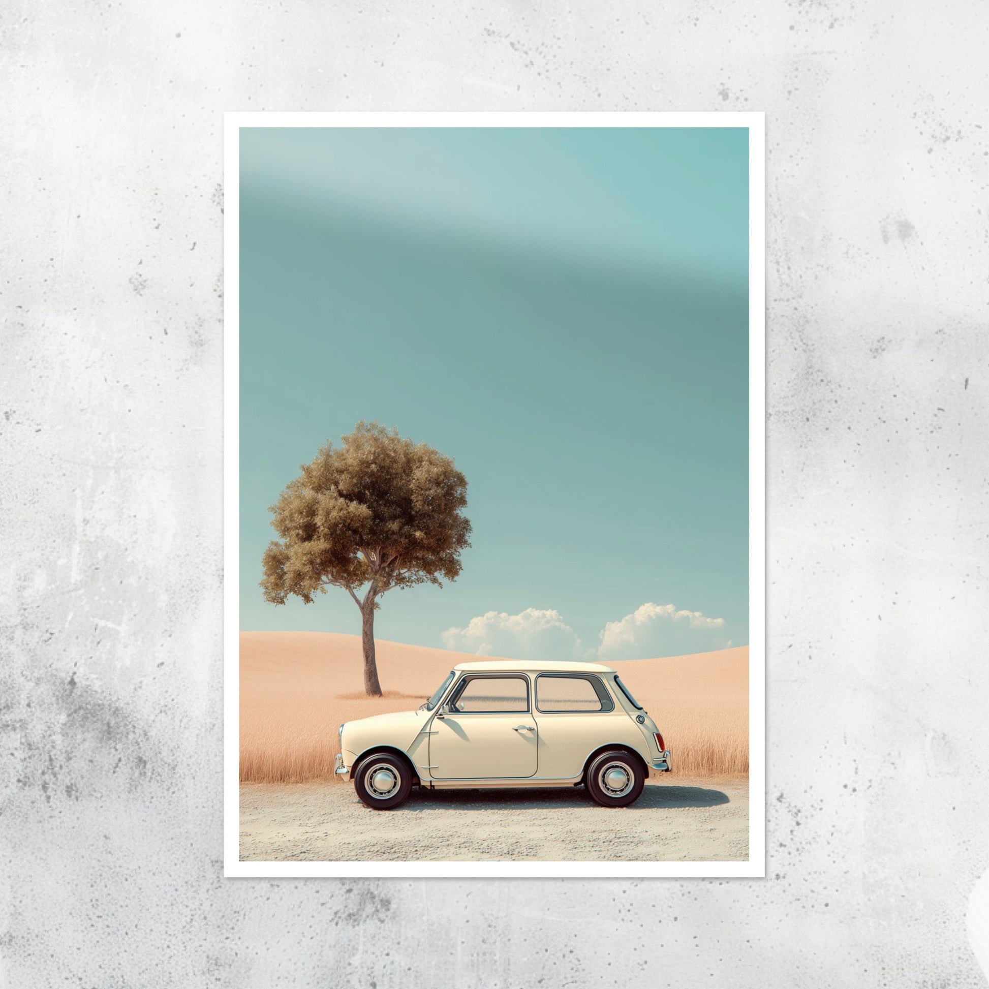 Unframed A2 wall art print of a Mini Cooper in bold side profile design.
