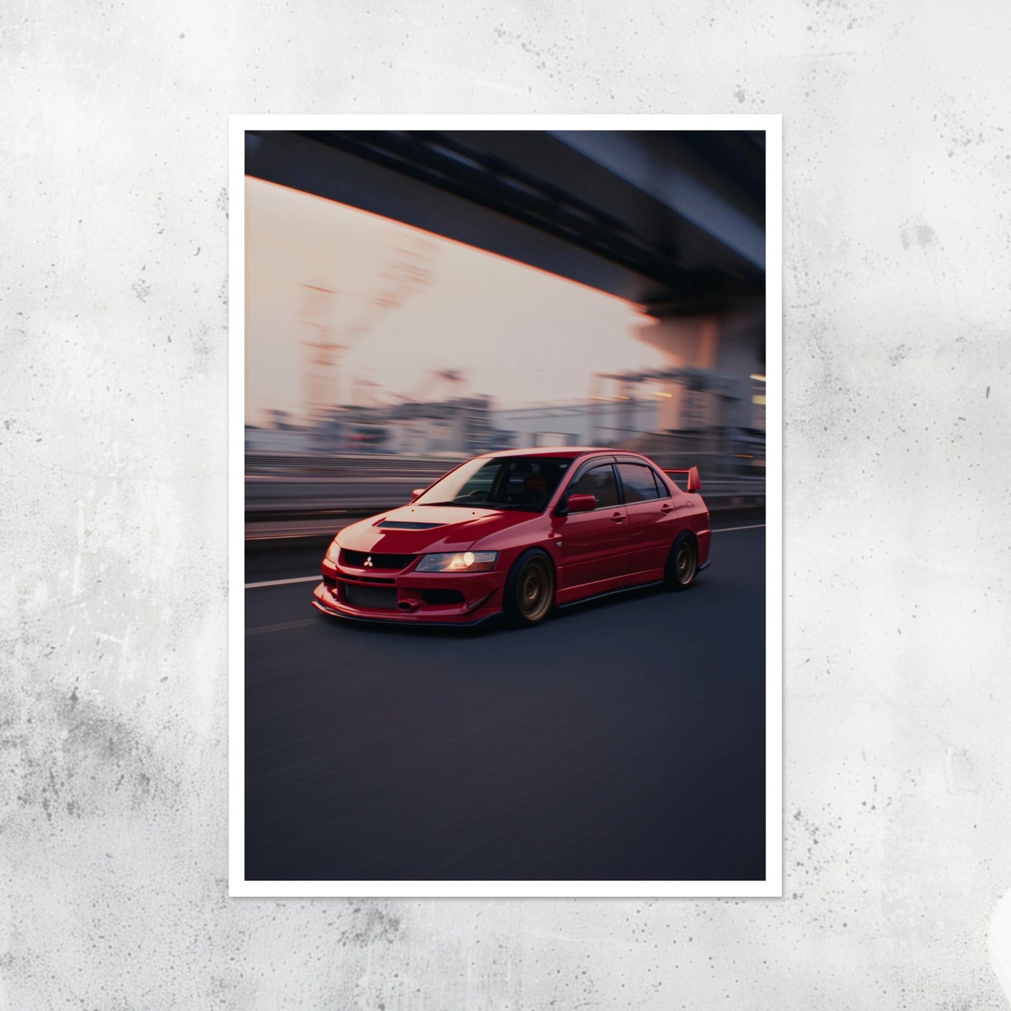 Unframed A2 wall art print of a Mitsubishi Lancer Evolution 9 in a modern graphic style.
