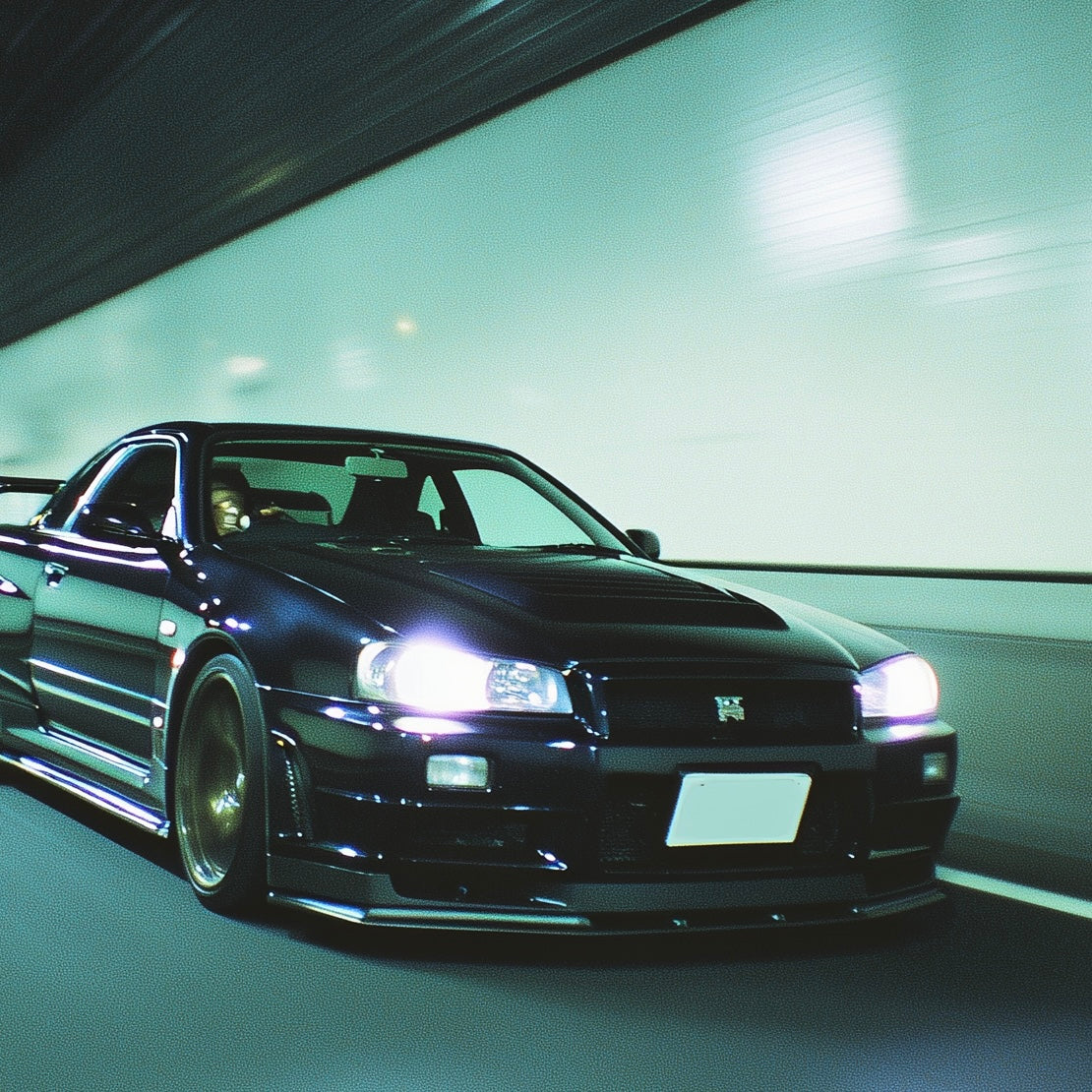 Close-up detail of A2 minimalist artwork of a Nissan Skyline R34 GT-R sports car.
