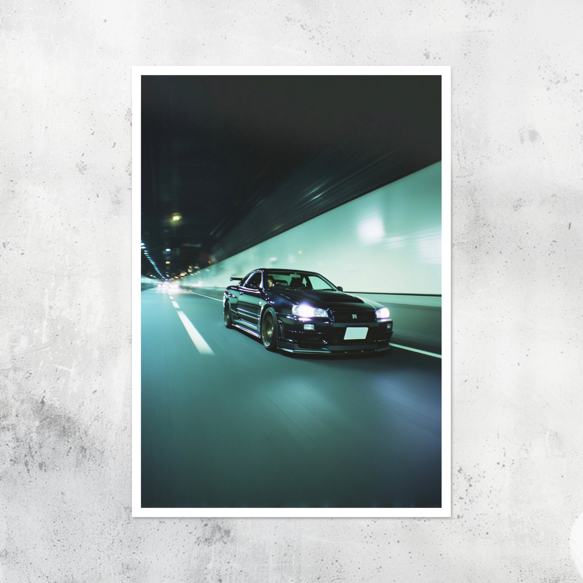 Unframed A2 minimalist artwork of a Nissan Skyline R34 GT-R sports car.

