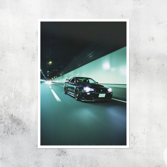 Unframed A2 minimalist artwork of a Nissan Skyline R34 GT-R sports car.

