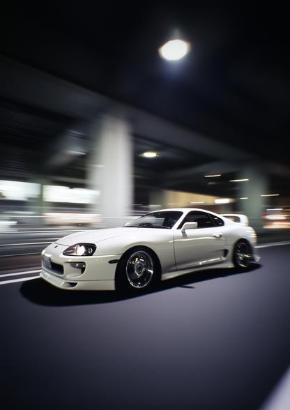 A2 wall art print of a Toyota Supra MK4 in a clean, modern style. Artwork example.
