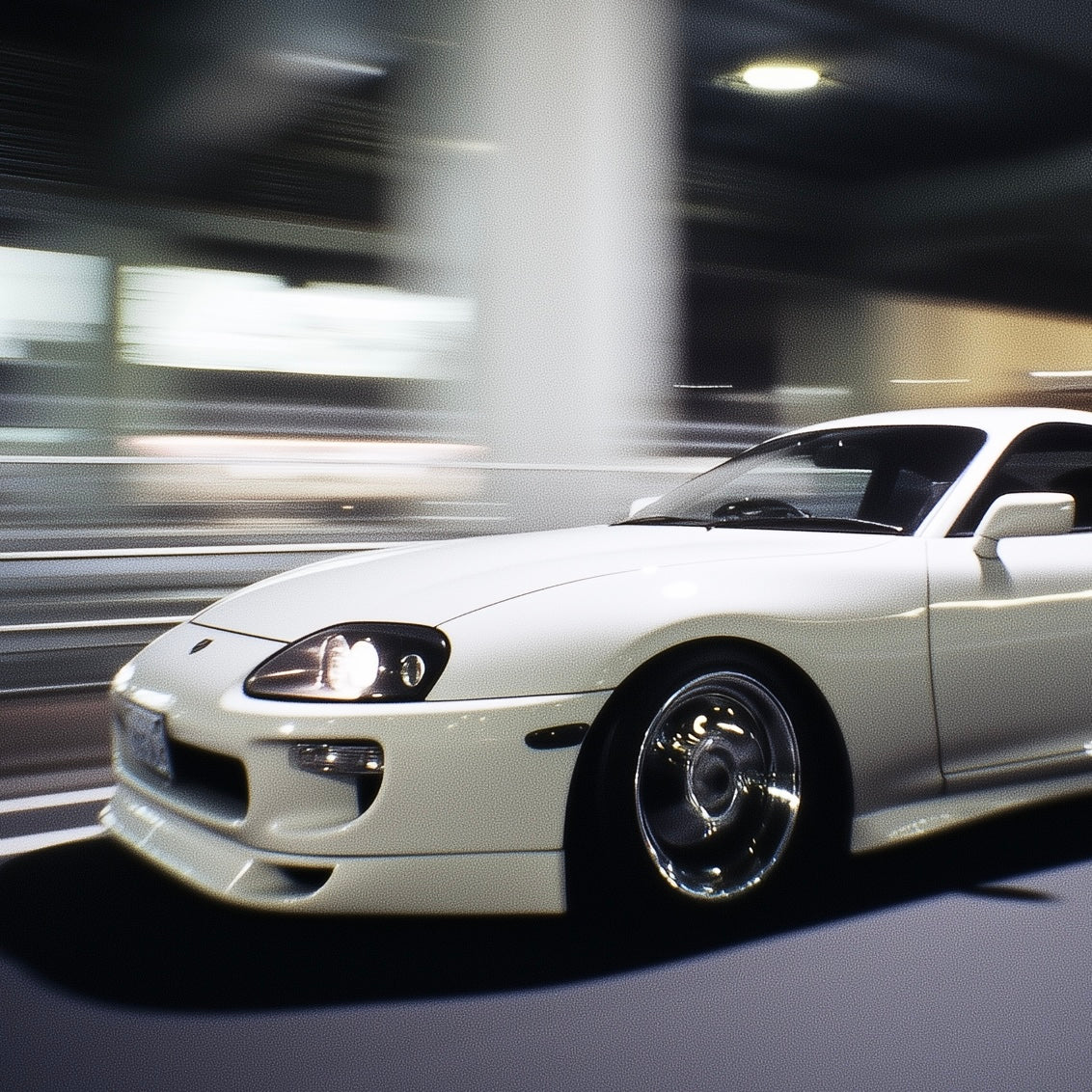 Close-up detail of A2 wall art print of a Toyota Supra MK4 in a clean, modern style.
