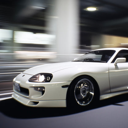 Close-up detail of A2 wall art print of a Toyota Supra MK4 in a clean, modern style.
