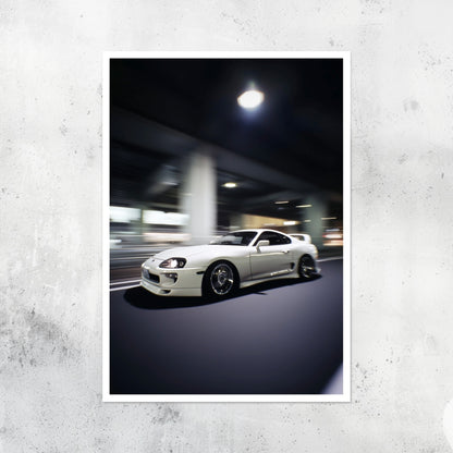 Unframed A2 wall art print of a Toyota Supra MK4 in a clean, modern style.
