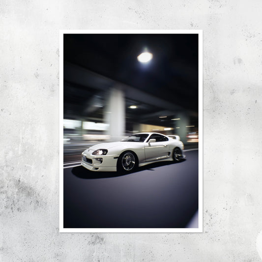 Unframed A2 wall art print of a Toyota Supra MK4 in a clean, modern style.
