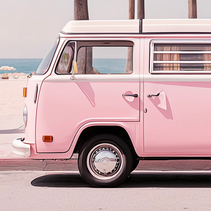 Close-up detail of A2 side profile artwork of a VW T2 Camper in retro style.
