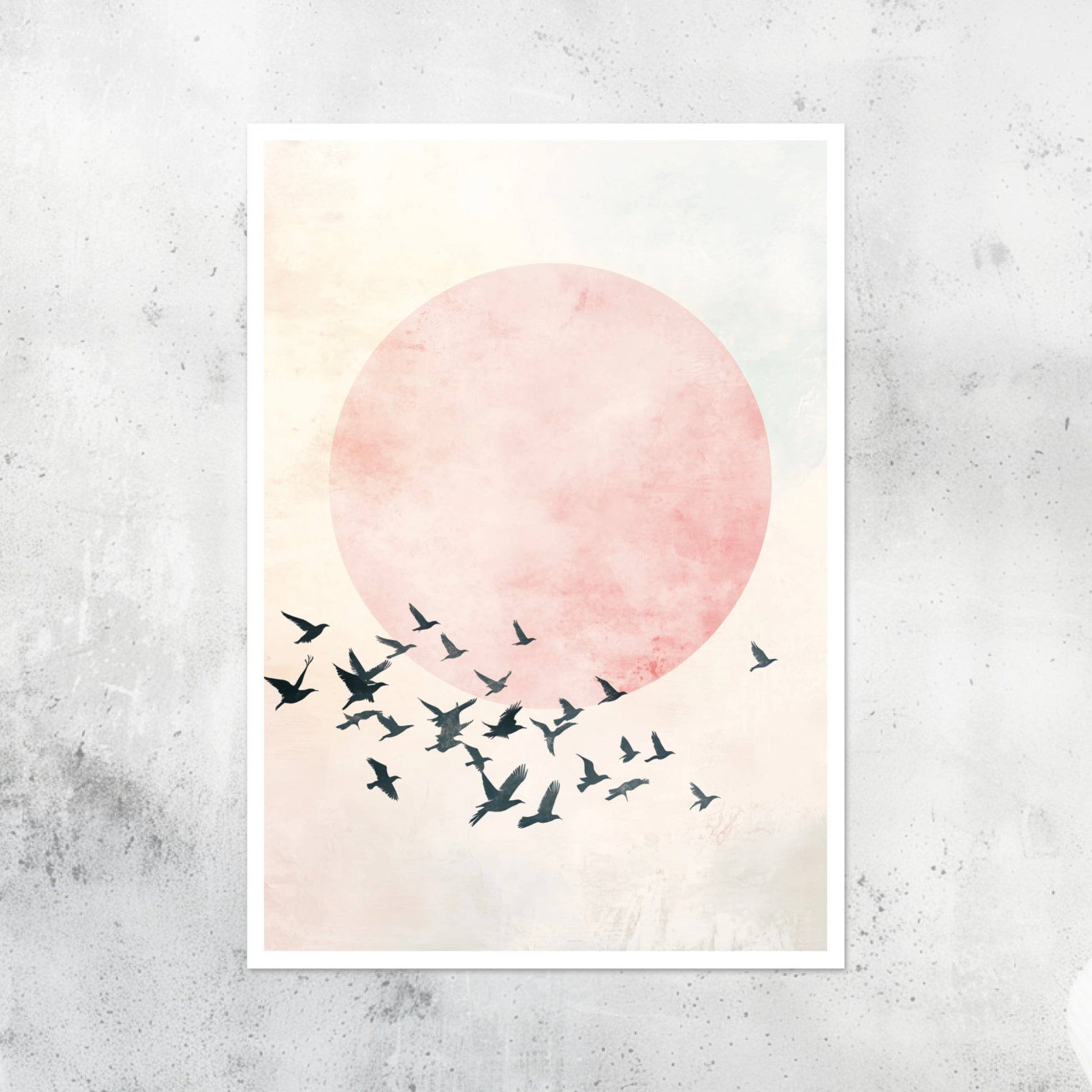 Unframed A2 print featuring abstract birds in flight under soft afternoon skies.
