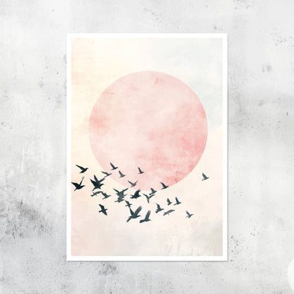 Unframed A2 print featuring abstract birds in flight under soft afternoon skies.