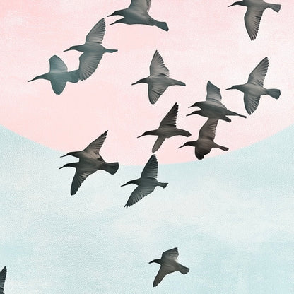 Close-up detail of A2 abstract artwork with birds silhouetted against dusk-colored skies.