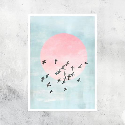 Unframed A2 abstract artwork with birds silhouetted against dusk-colored skies.