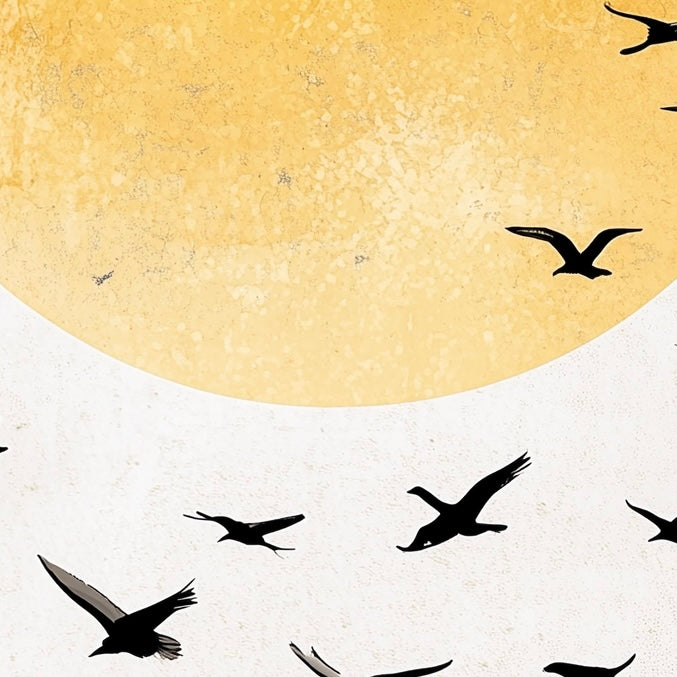 Close-up detail of A2 print of birds flying through a misty, dreamlike landscape.