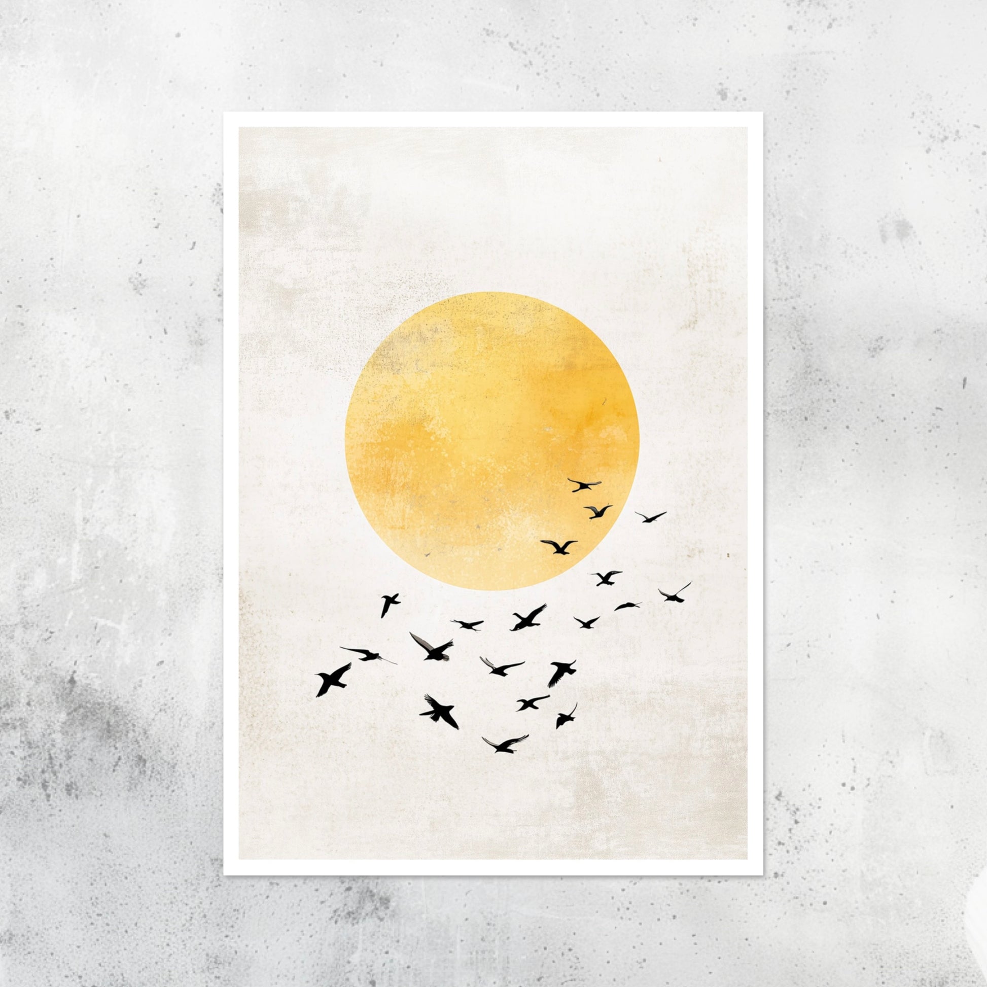 Unframed A2 print of birds flying through a misty, dreamlike landscape.