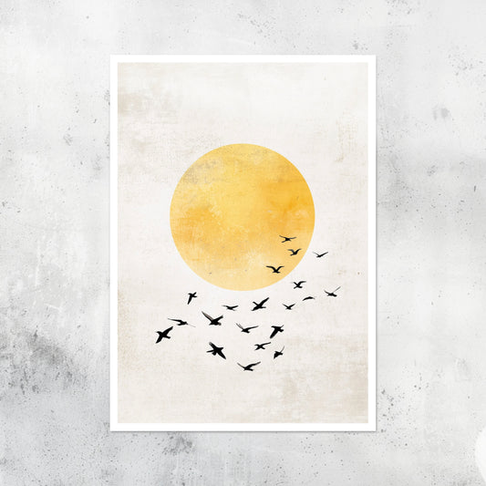 Unframed A2 print of birds flying through a misty, dreamlike landscape.