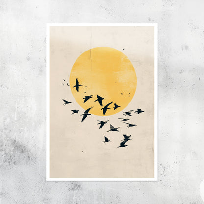 Unframed A2 abstract art showing birds flying under soft morning skies.