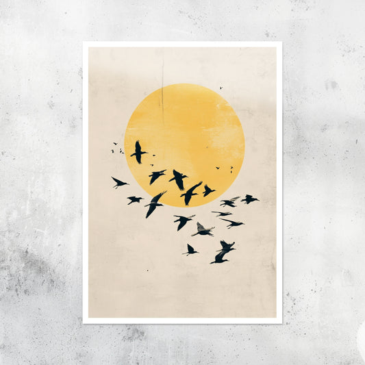 Unframed A2 abstract art showing birds flying under soft morning skies.
