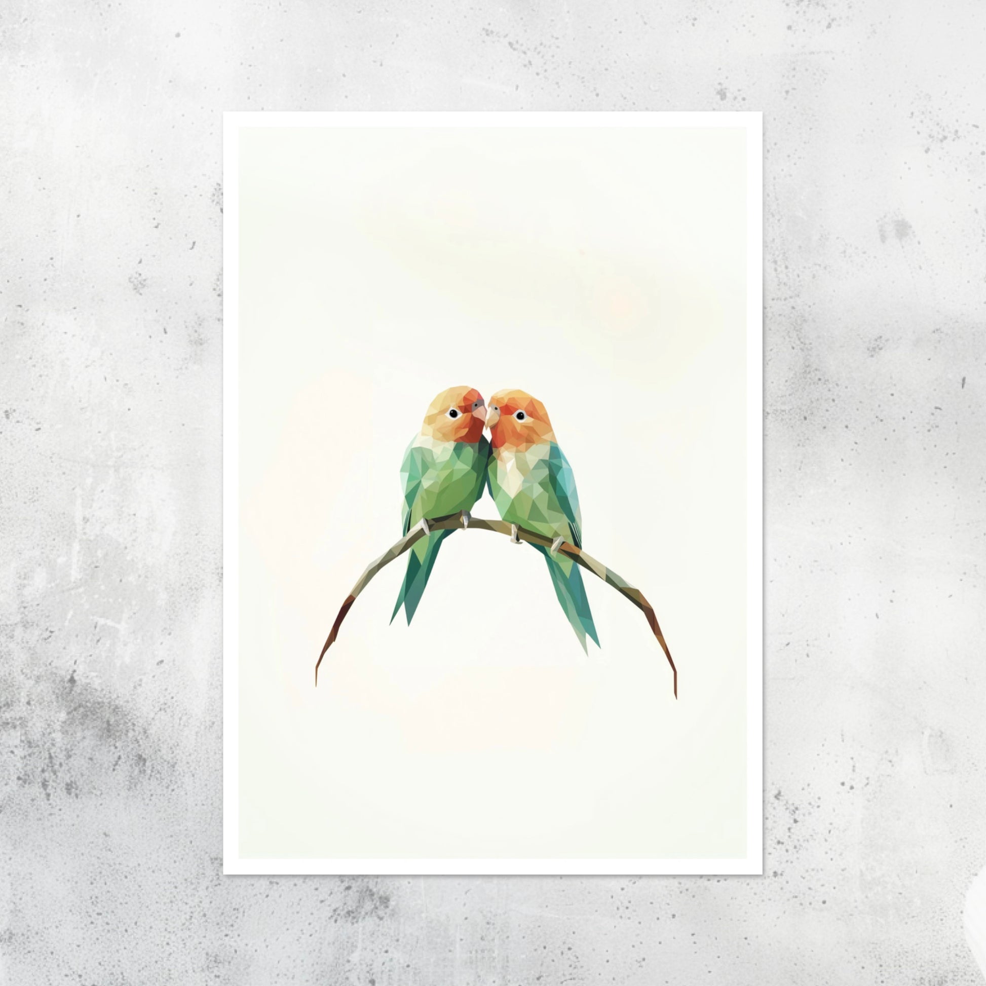 Unframed A2 print with two polygon-style green birds in a modern abstract design.