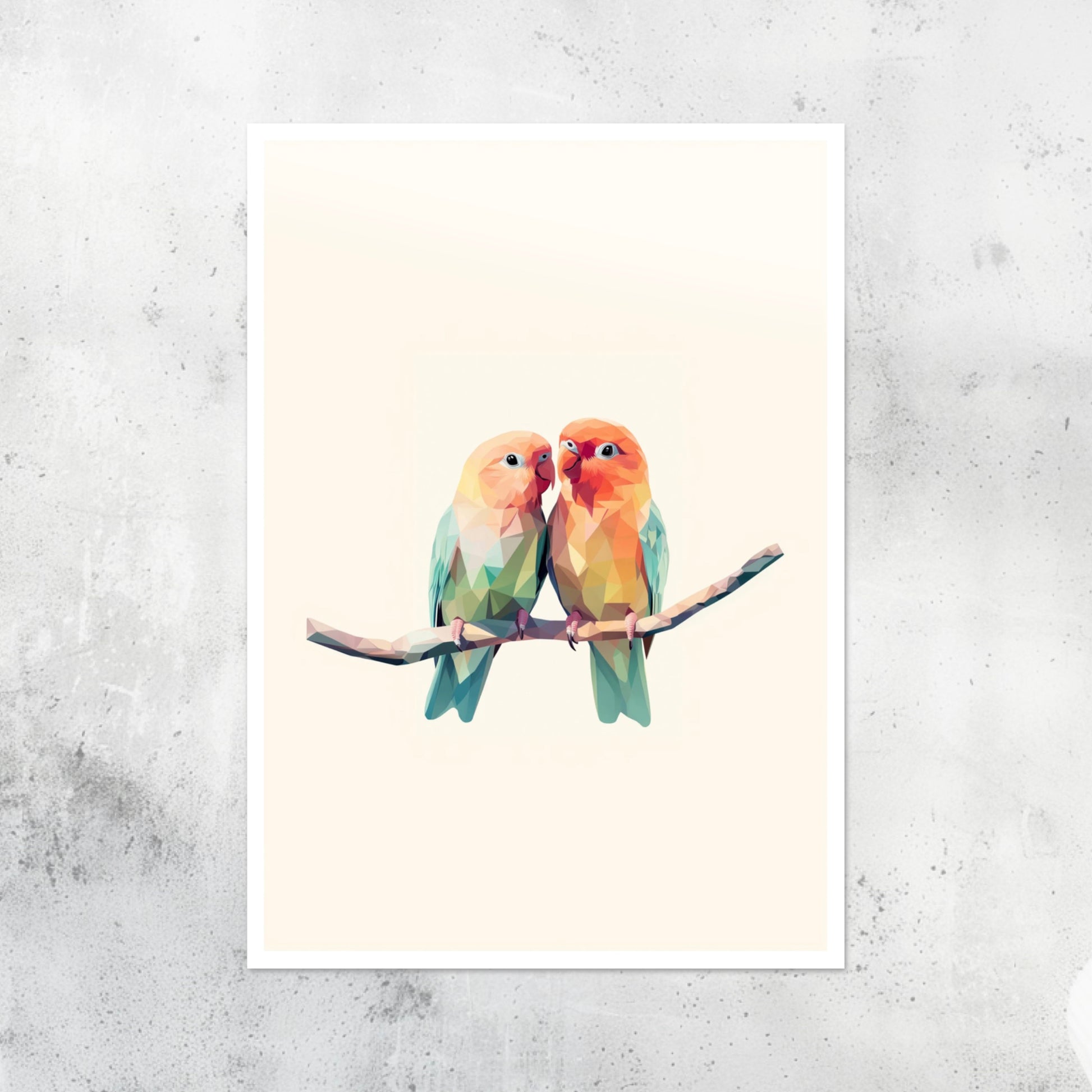 Unframed A2 print featuring two polygonal birds in peach tones, blending modernity and nature.