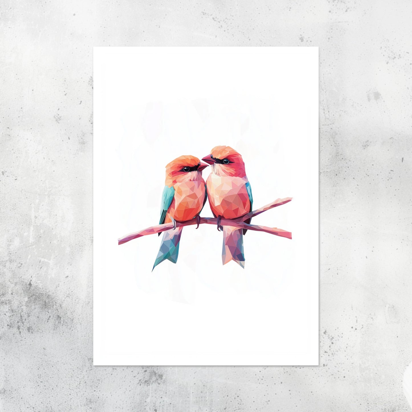 Unframed A2 wall art of two pink polygon birds in a lively, modern style.