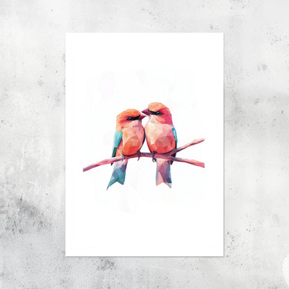 Unframed A2 wall art of two pink polygon birds in a lively, modern style.