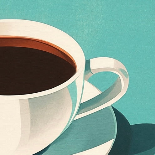 Close-up detail of A2 minimalist print of a black coffee cup in a clean design.