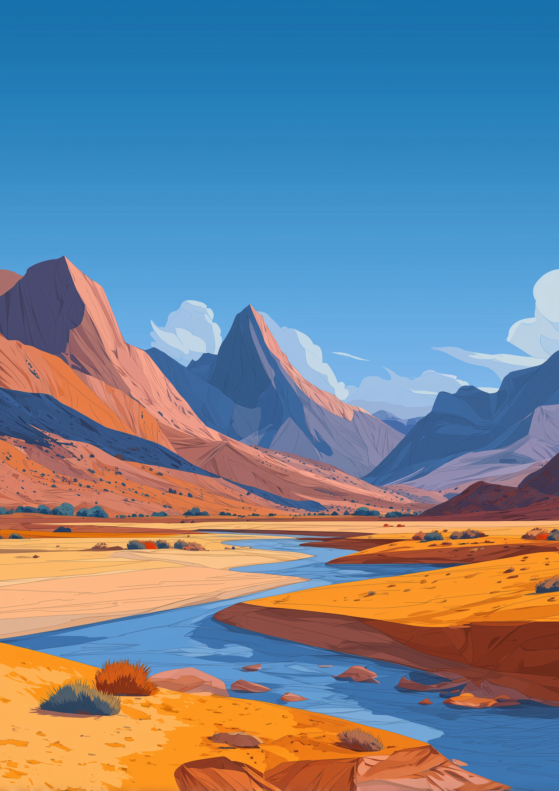 A2 landscape print with rocky mountains in dark, dramatic tones. Artwork example.
