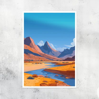 Unframed A2 landscape print with rocky mountains in dark, dramatic tones.
