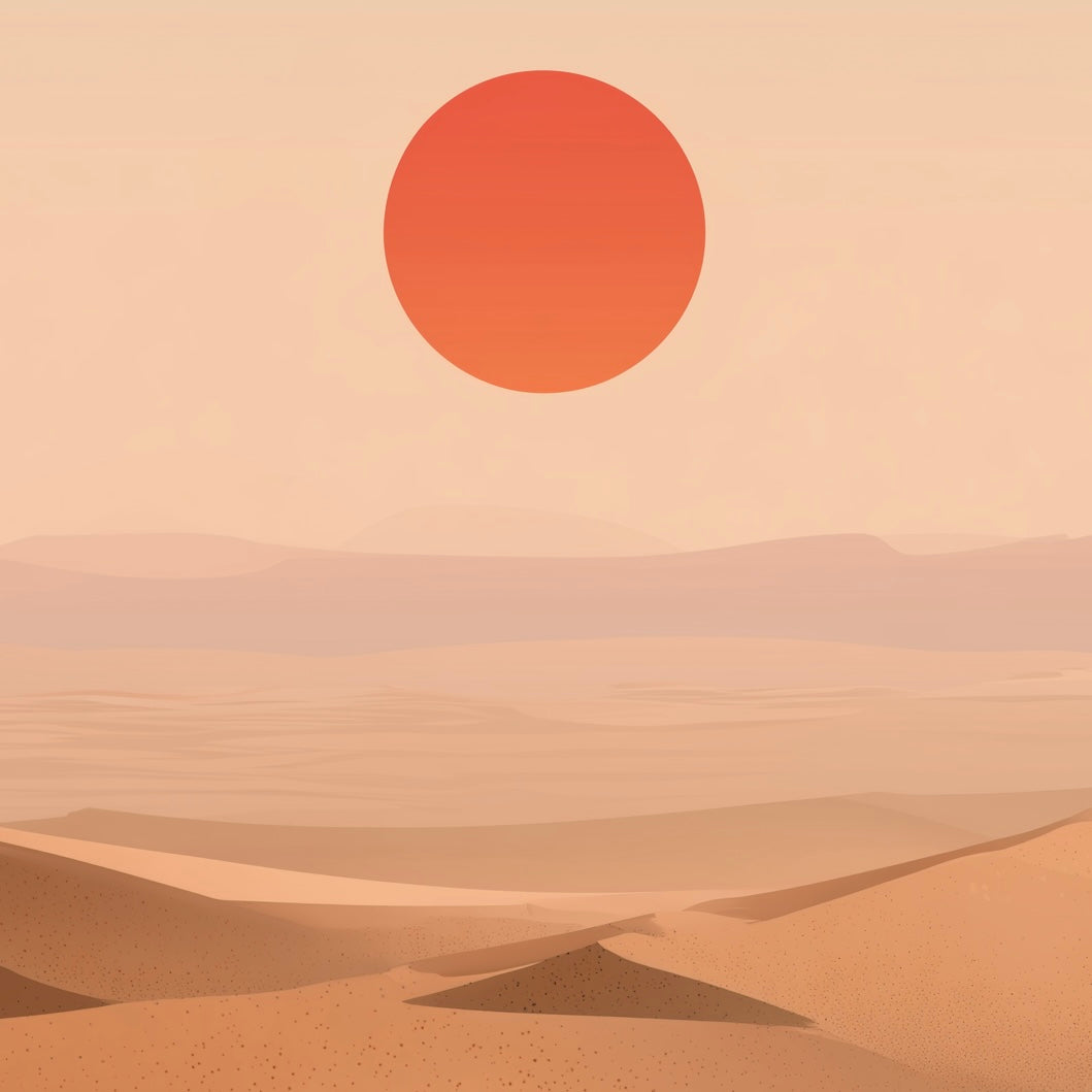 Close-up detail of A2 desert artwork featuring flowing sand dunes and minimal sky.
