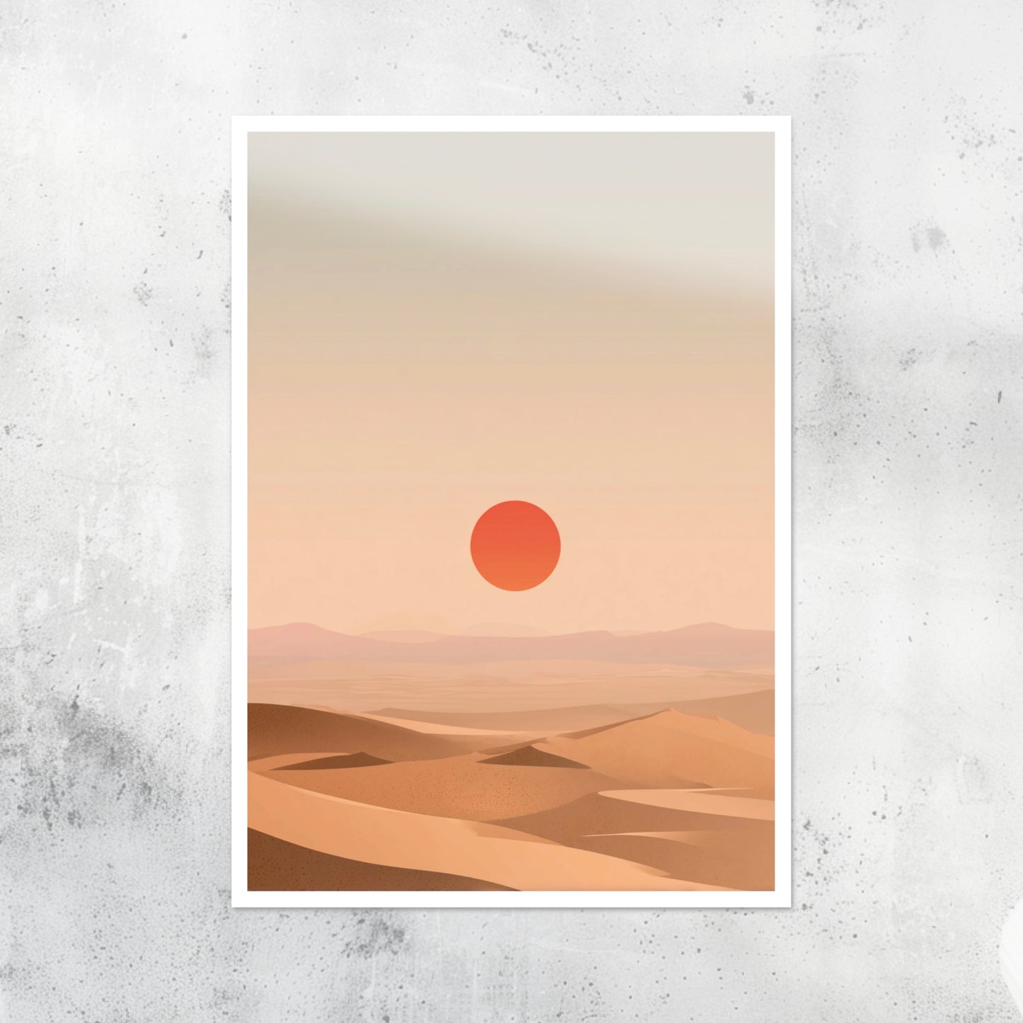 Unframed A2 desert artwork featuring flowing sand dunes and minimal sky.
