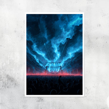 Unframed A2 music art print featuring blue EDM soundwaves and visual pulses.
