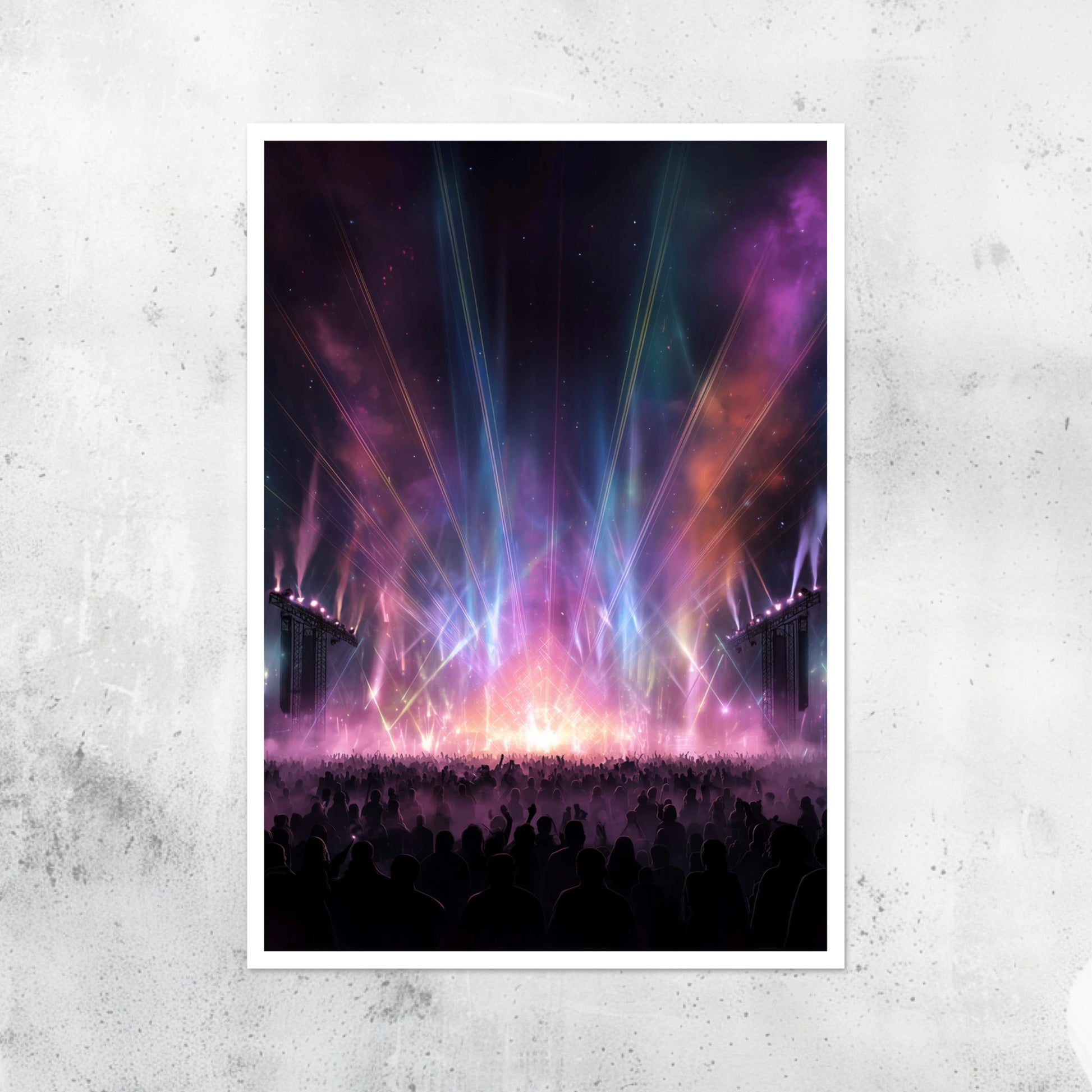 Unframed A2 rainbow-colored print of electronic music-inspired waveforms.
