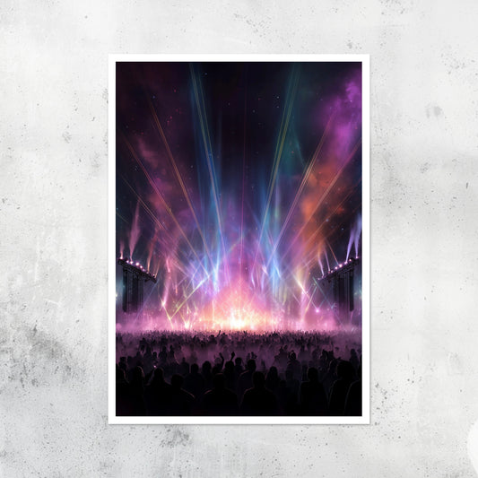 Unframed A2 rainbow-colored print of electronic music-inspired waveforms.
