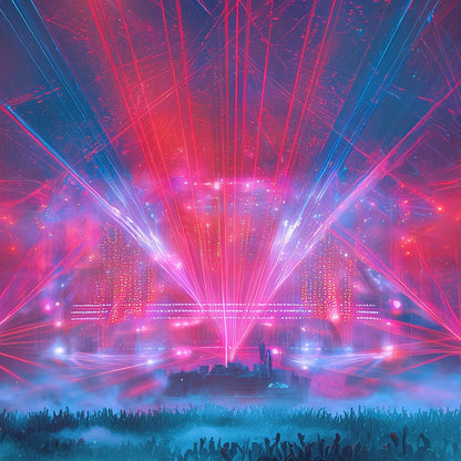 Close-up detail of A2 music art with bold red EDM waveform designs and abstract energy.
