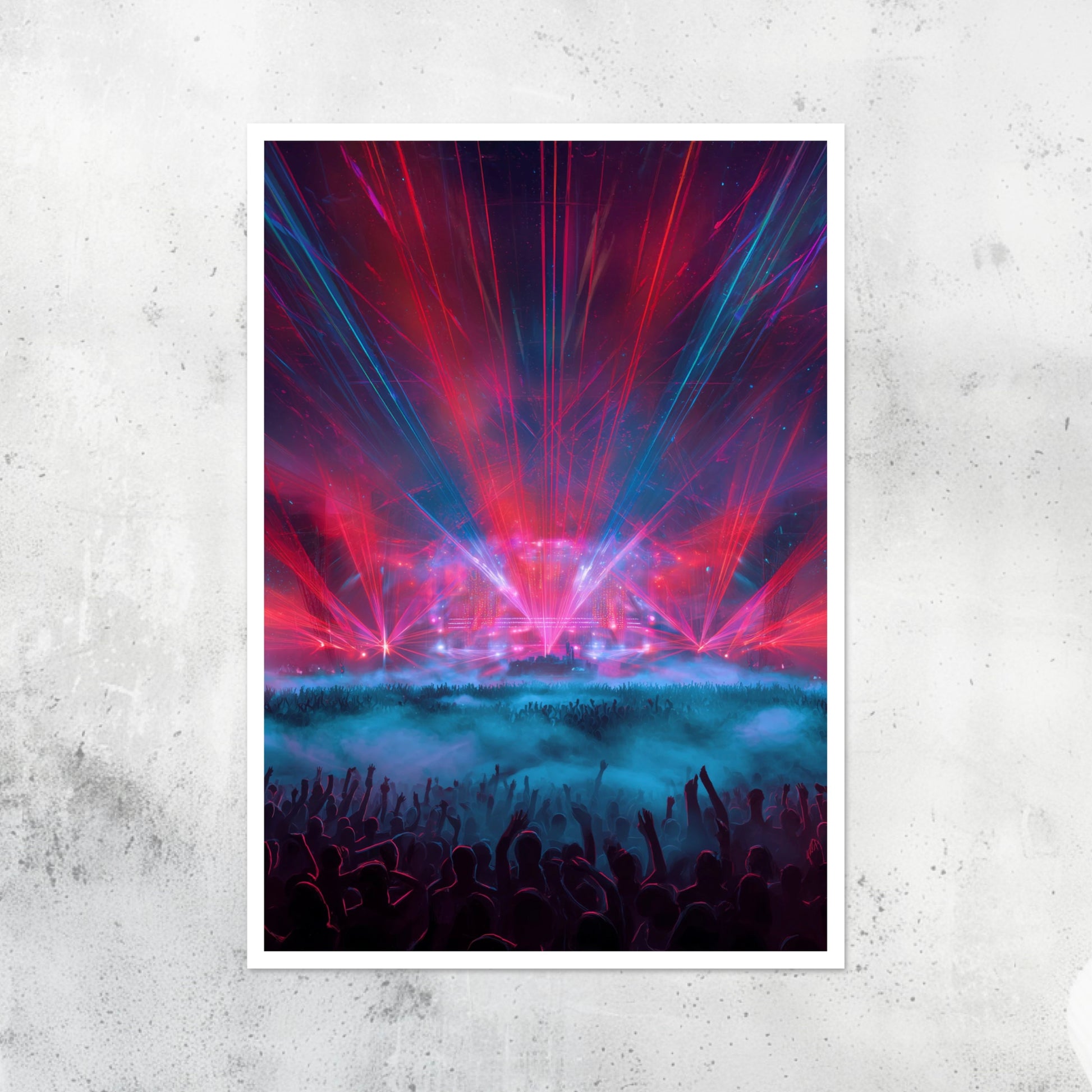 Unframed A2 music art with bold red EDM waveform designs and abstract energy.
