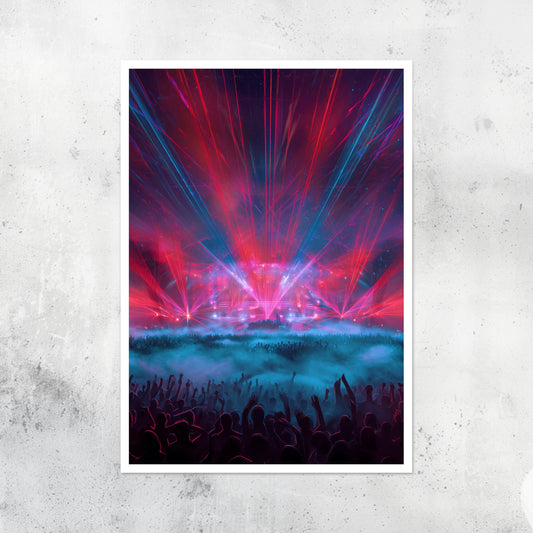 Unframed A2 music art with bold red EDM waveform designs and abstract energy.

