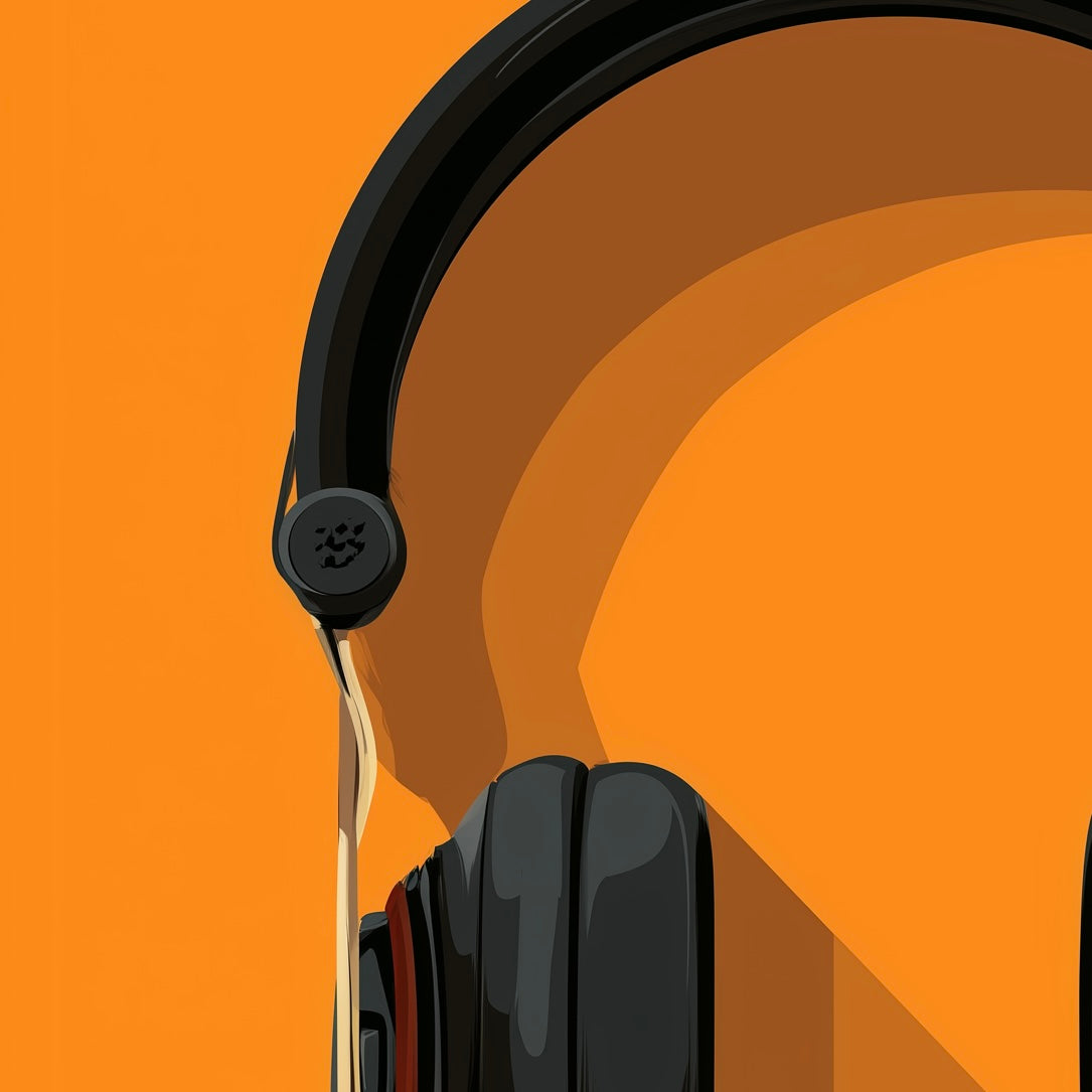 Close-up detail of A2 minimalist print of professional audio headphones in sketch style.
